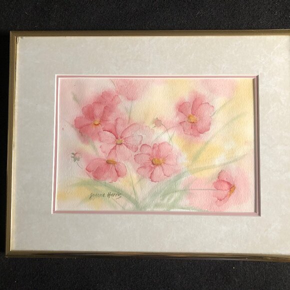 Joanne Harris water color painting pink flowers Nieleen metal frame wall decor - Picture 1 of 7